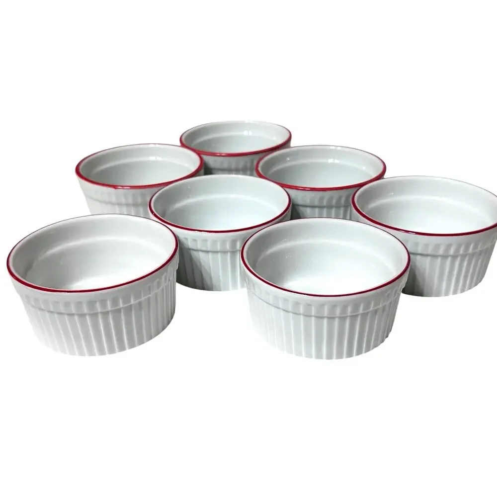 World Market White Ceramic Ribbed Ramekins Red Rim-Set of 7-Excellent!